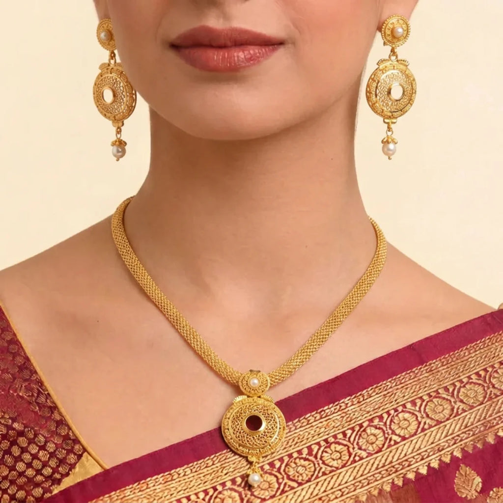 22K Yellow Gold Pearl & Gemstone Necklace Set | Elegant Dual-Stone Design
