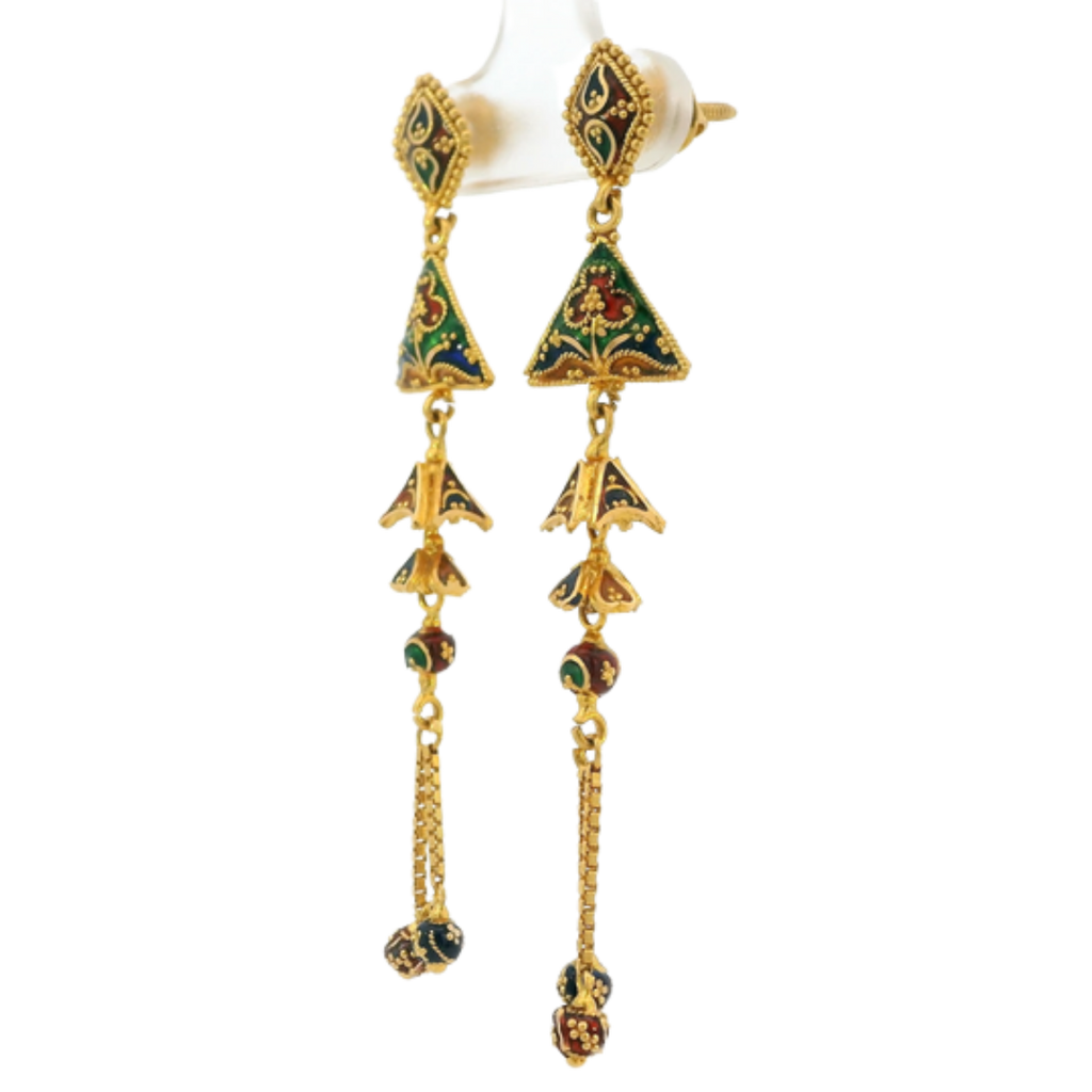 22K Yellow Gold Meenakari Long Earrings | Traditional Designer Drops
