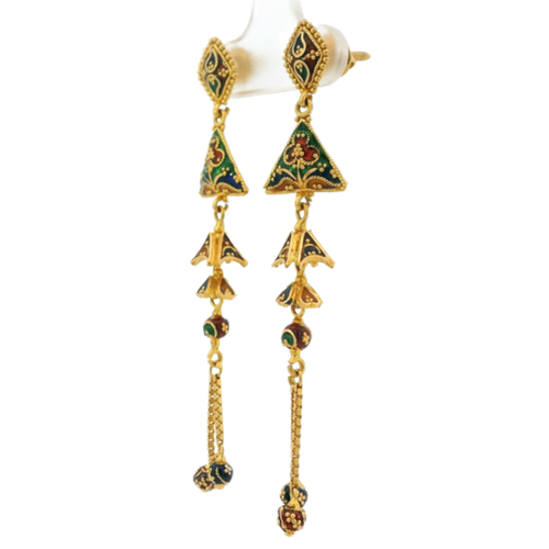 22K Yellow Gold Meenakari Long Earrings | Traditional Designer Drops