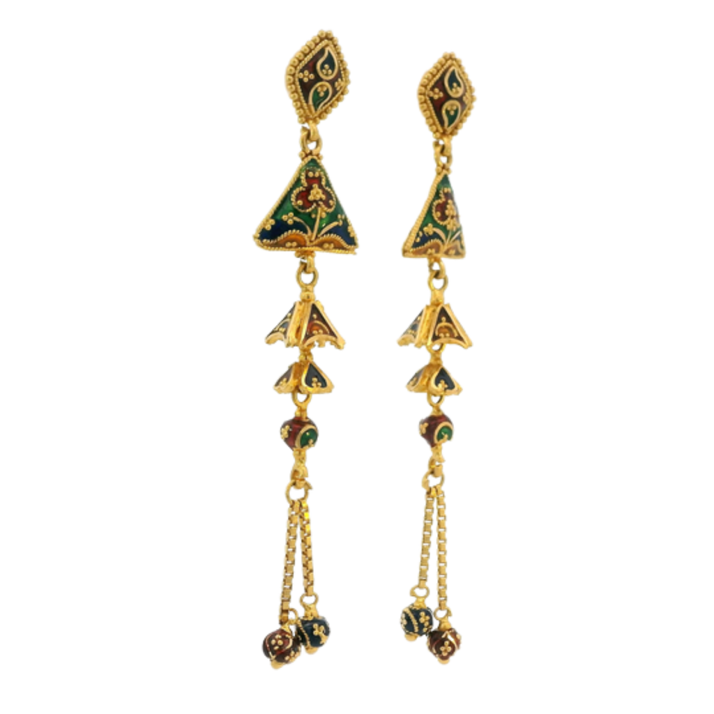 22K Yellow Gold Meenakari Long Earrings | Traditional Designer Drops