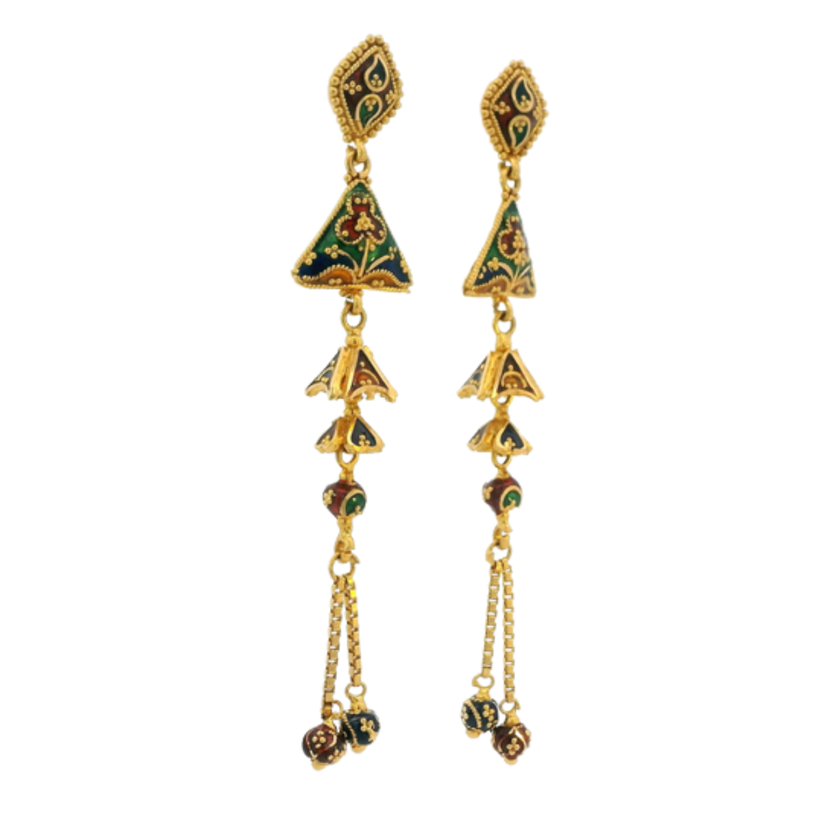 22K Yellow Gold Meenakari Long Earrings | Traditional Designer Drops