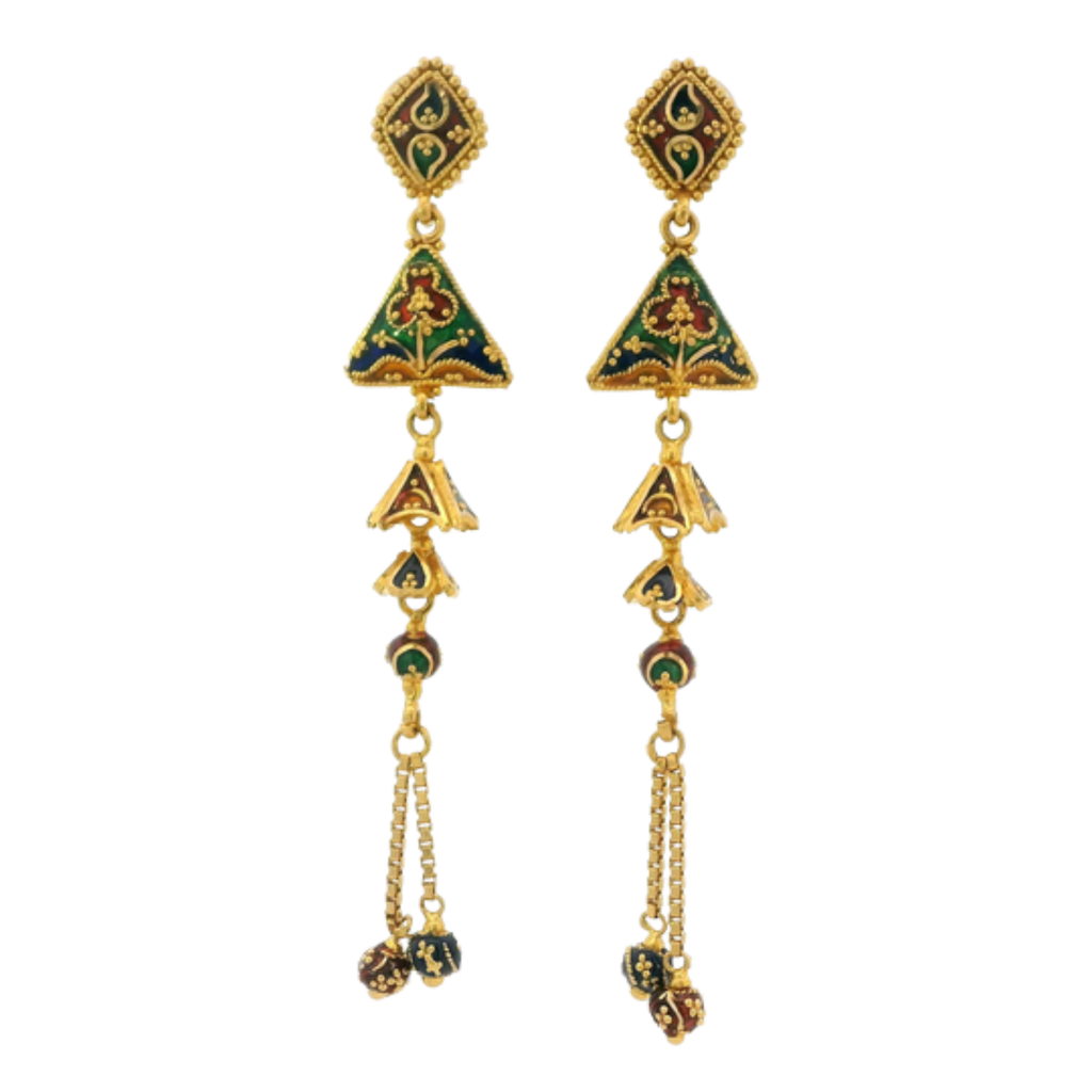 22K Yellow Gold Meenakari Long Earrings | Traditional Designer Drops