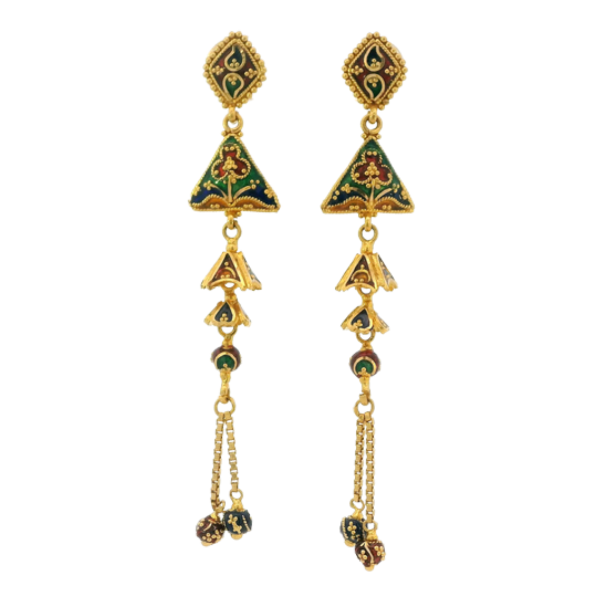 22K Yellow Gold Meenakari Long Earrings | Traditional Designer Drops