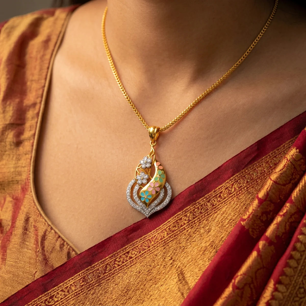 22K Yellow Gold Floral Pendant with Cubic Zirconia and Vibrant Enamel Accents