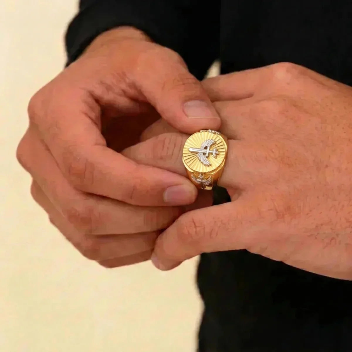 22K Two-Tone Gold Cross Men’s Ring | Elegant Religious Designer Band