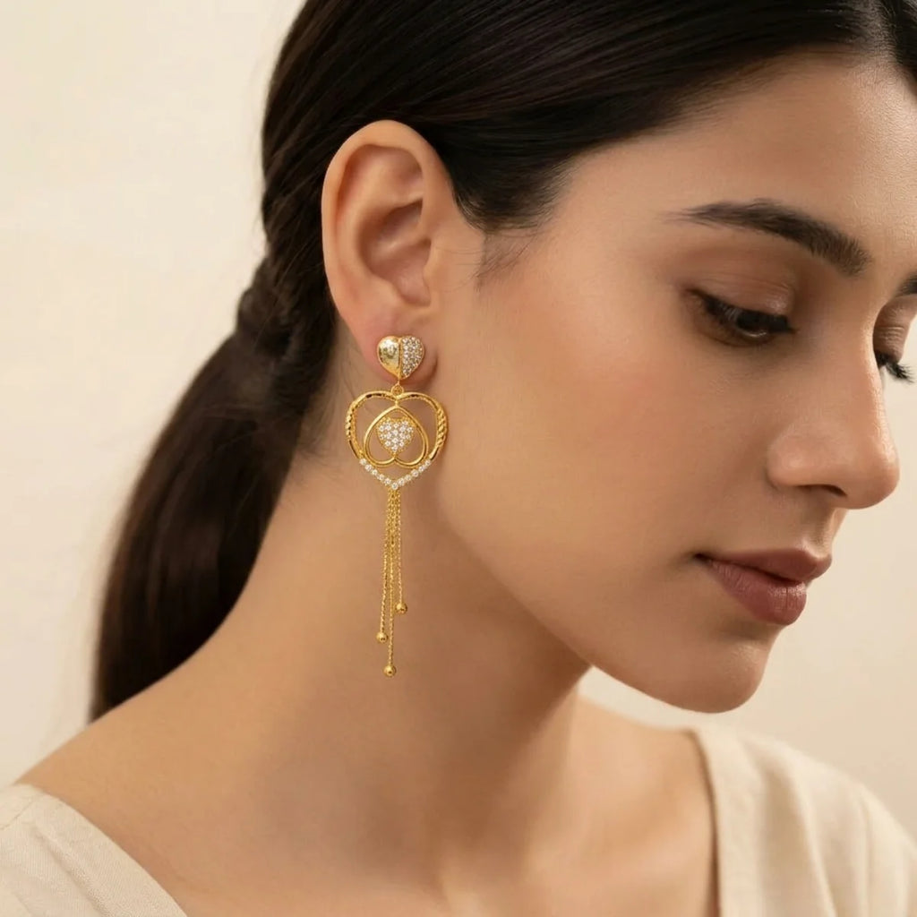 22K Yellow Gold CZ Long Earrings | Elegant Stone Drop Design