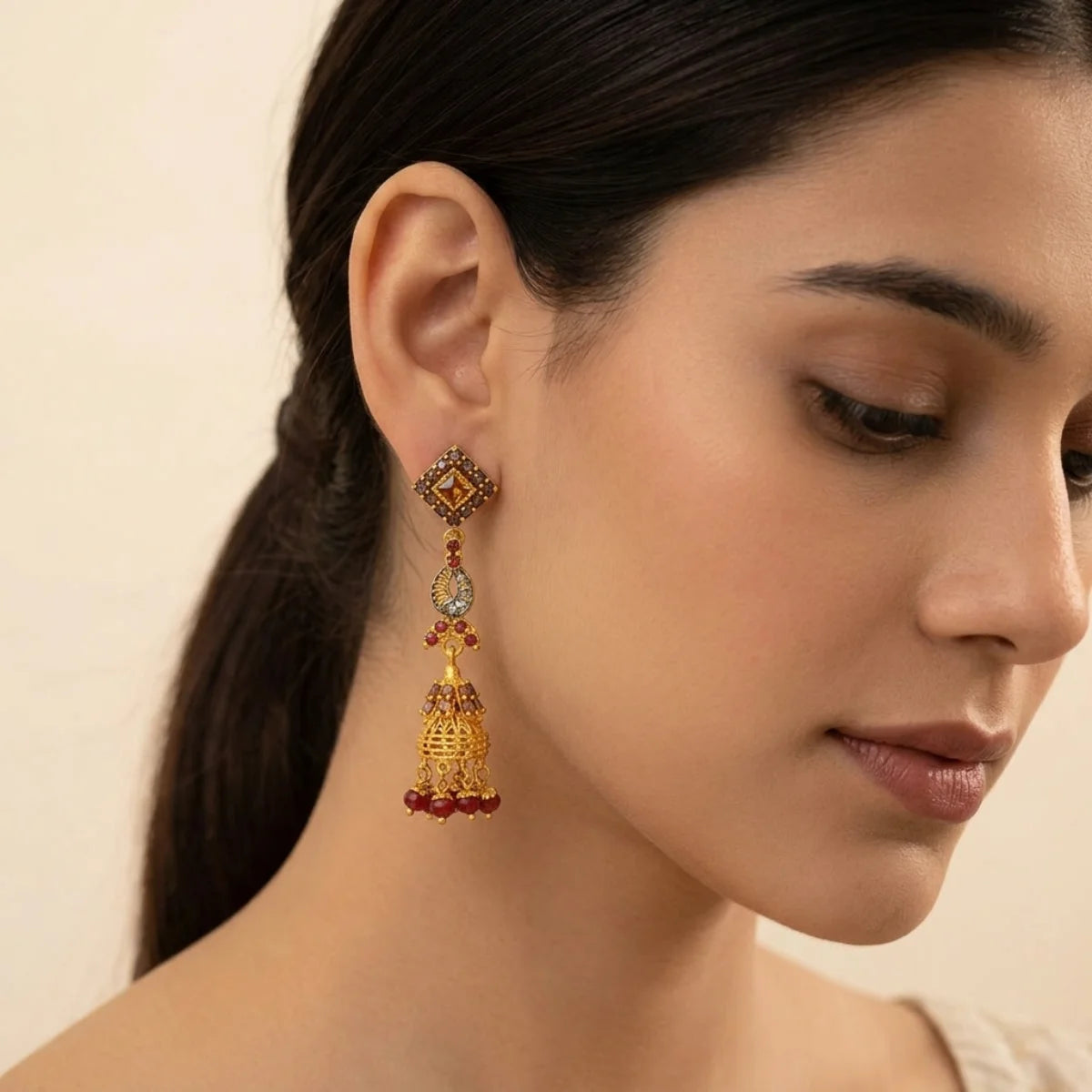 22K Yellow Gold Stone Jhumki Earrings | Elegant Traditional Design
