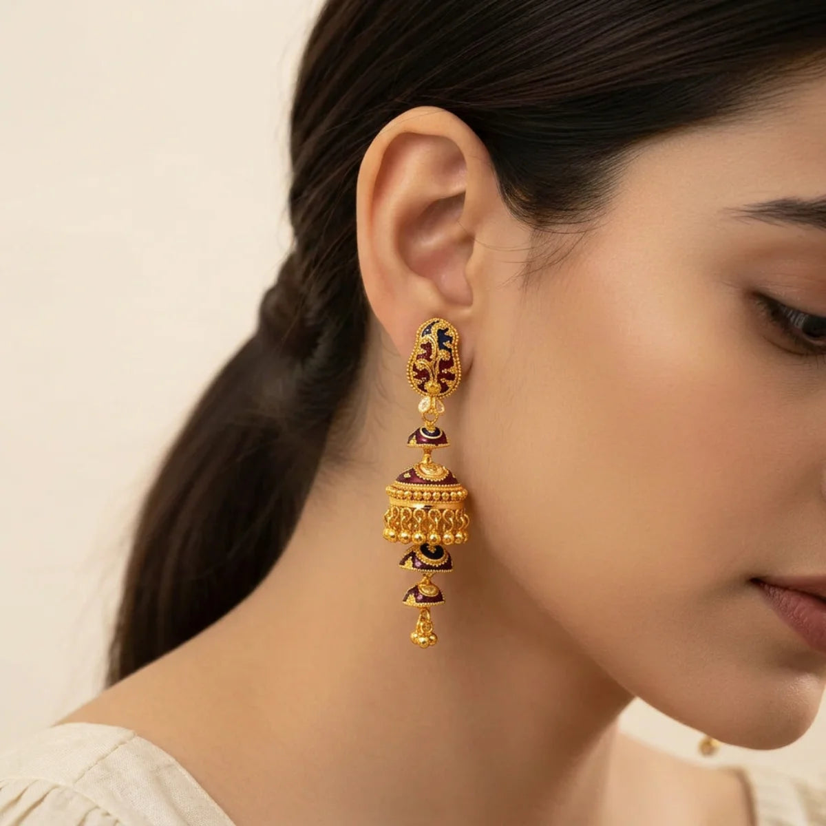 22K Yellow Gold Meenakari Hanging Earrings with Screw Back