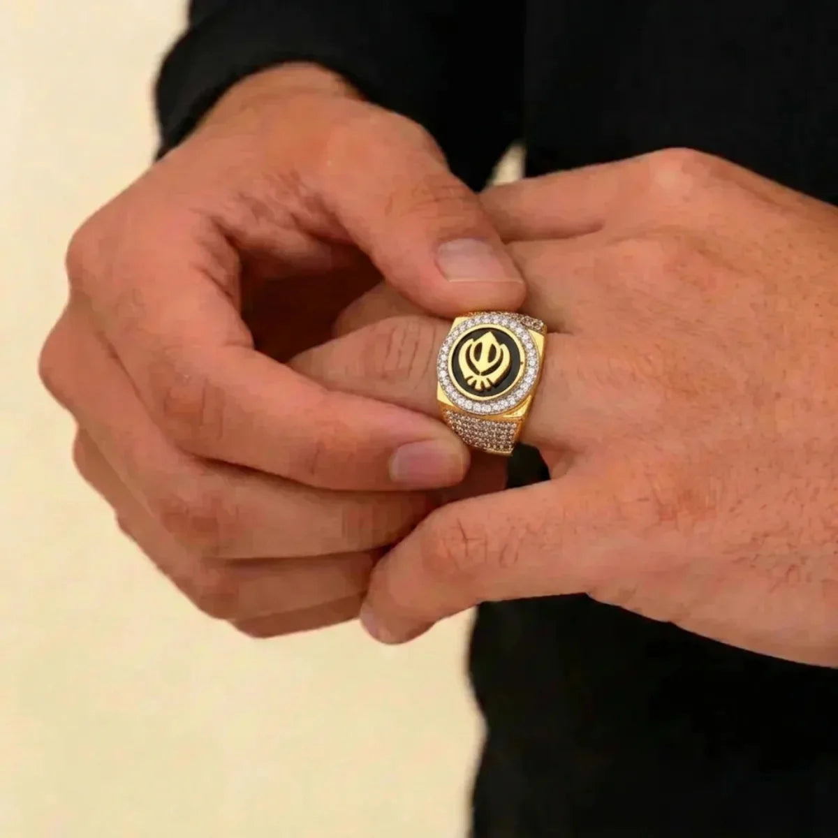 22K Yellow Gold Sikh Style Men’s Ring | CZ Designer Statement Band