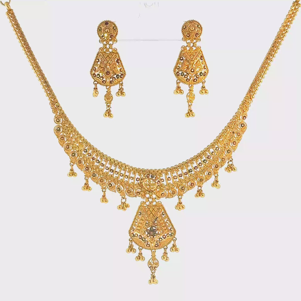 Double Layered Yellow Gold Bar and Bead Necklace