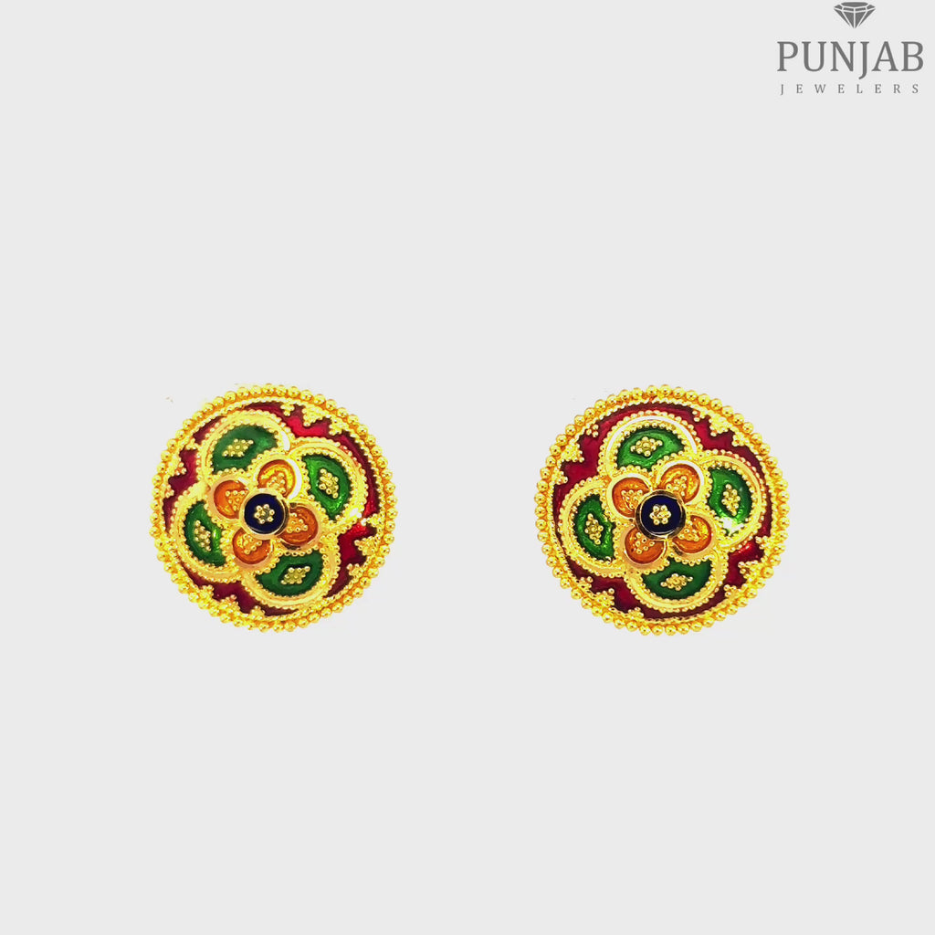 22K Yellow Gold Meenakari Stud Earrings with Screw Back