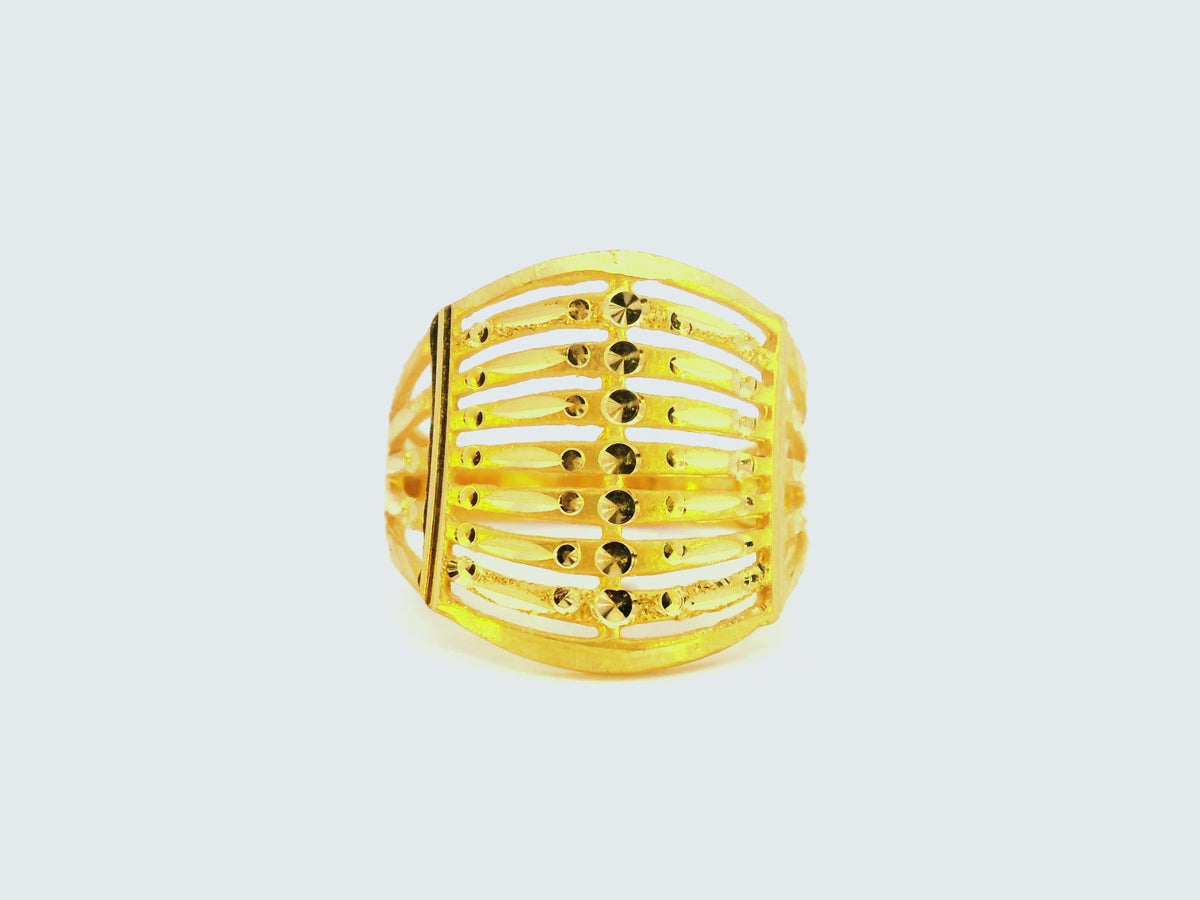 22K Yellow Gold Striped Openwork Ring with Lightweight Design
