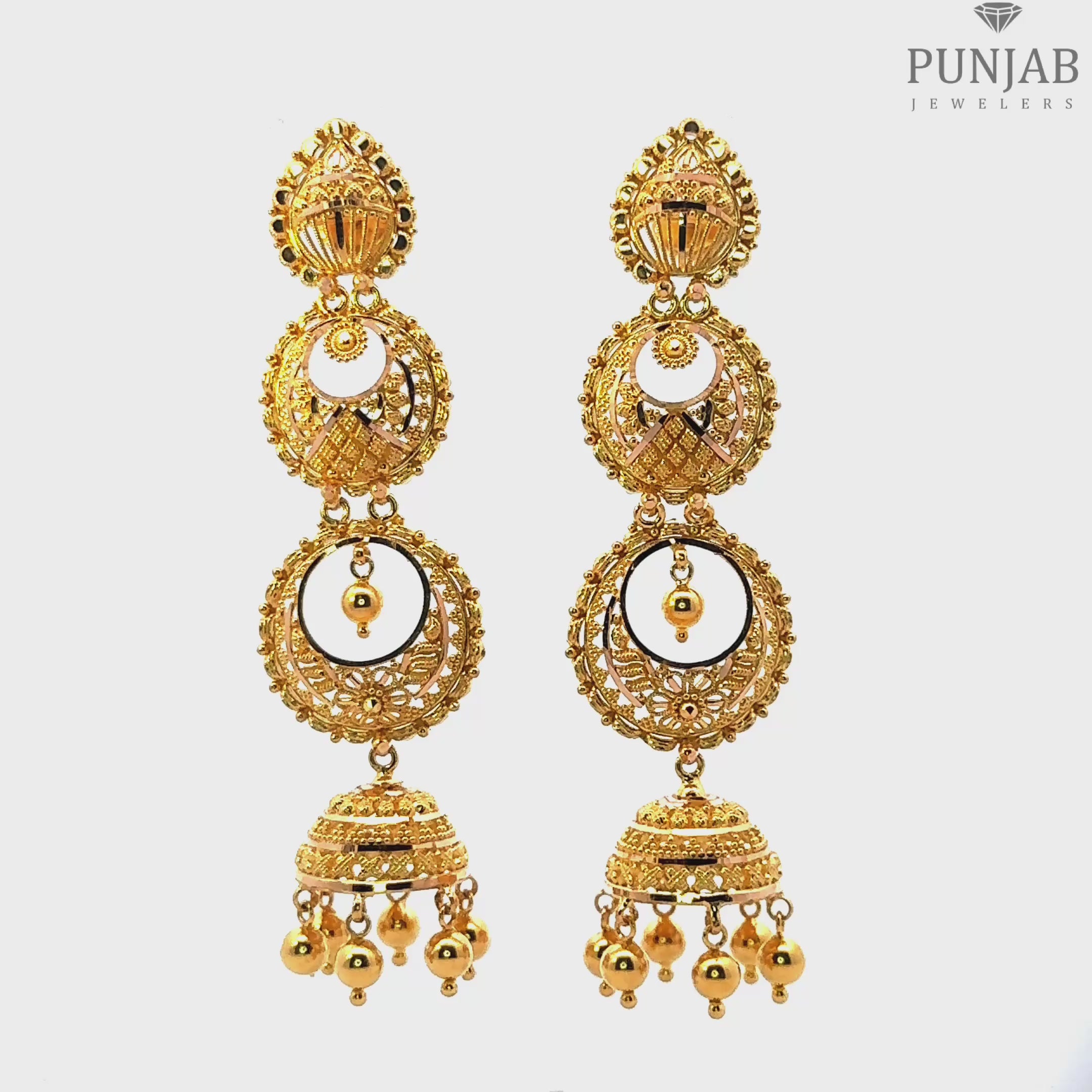 22K Yellow Gold Triple-Tier Hanging Earrings with Beaded Bell Charms