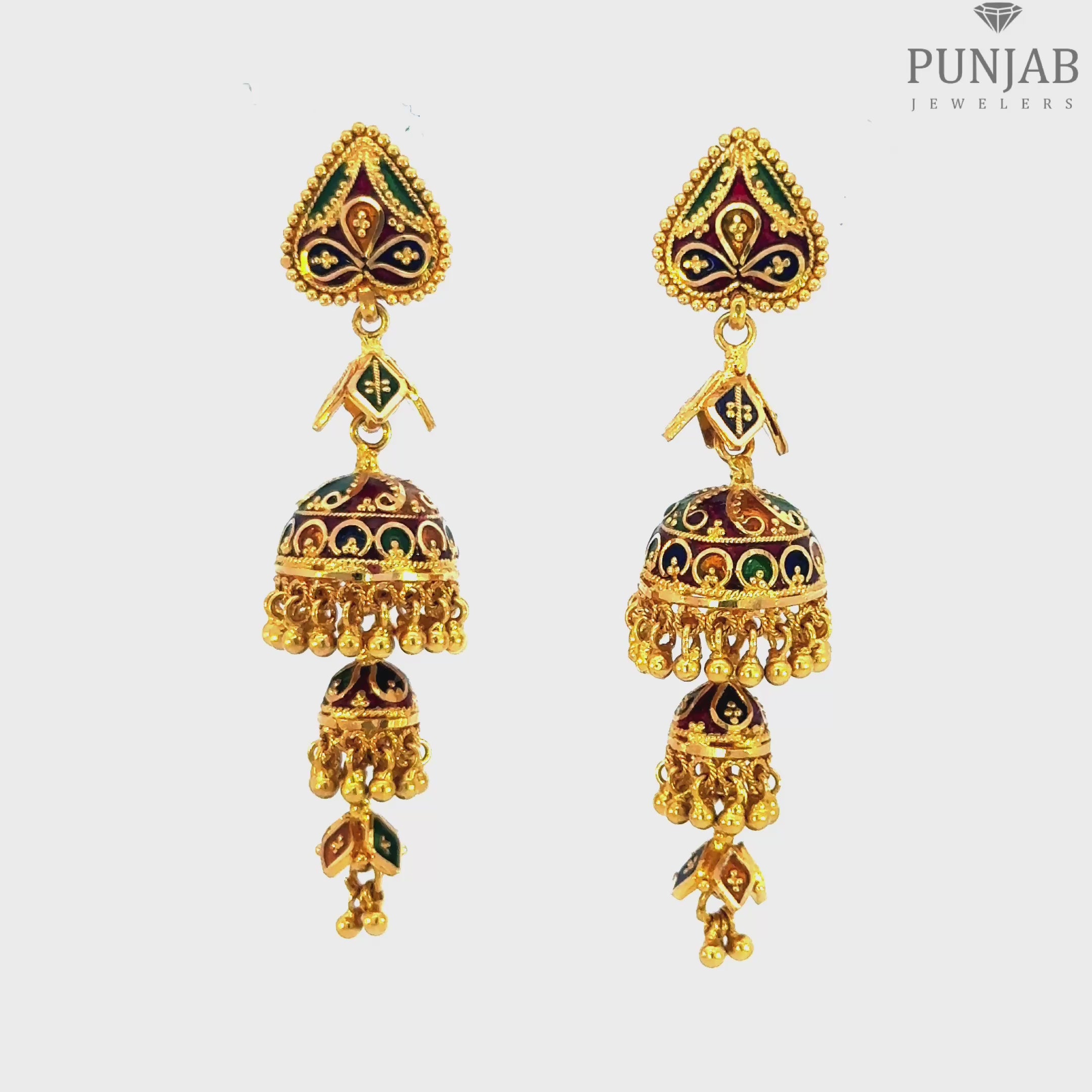 22K Yellow Gold Meenakari Hanging Earrings with Screw Back