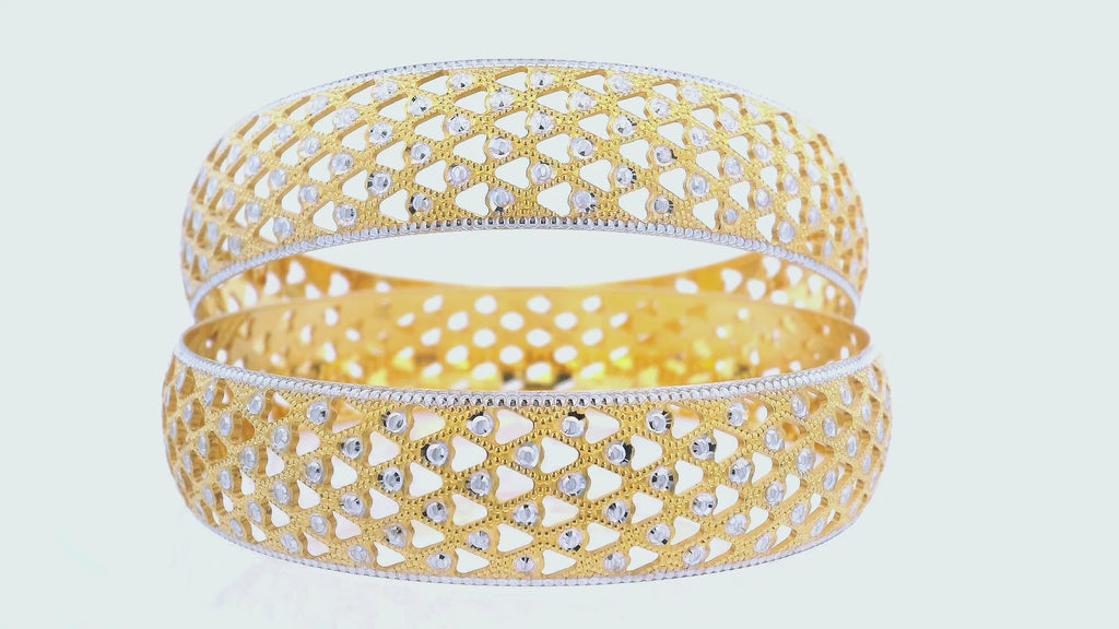 22K Yellow and White Gold Bangles with Openwork Design (Set of 2)