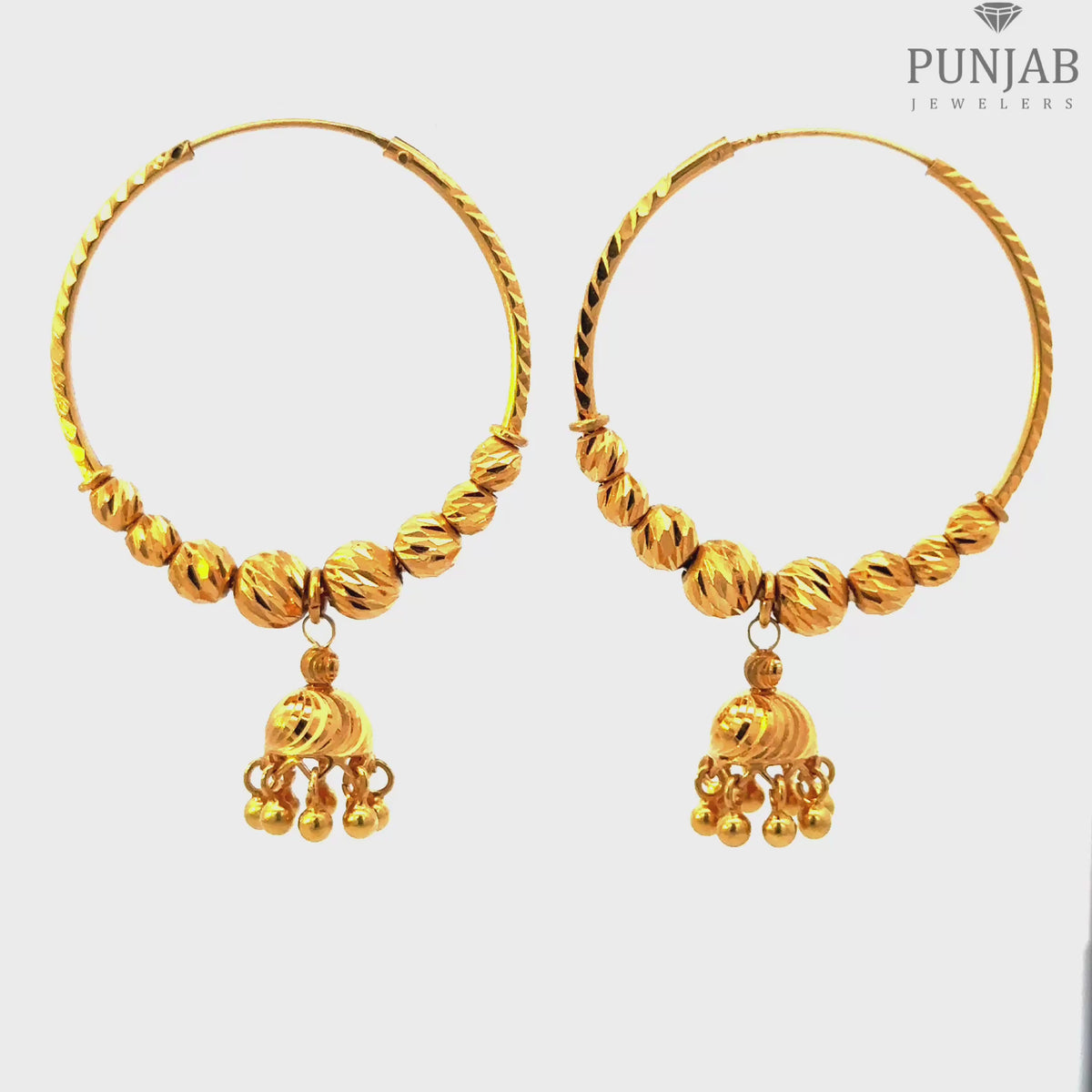 22K Yellow Gold Hoop Earrings with Elegant Beads and Hanging Charms