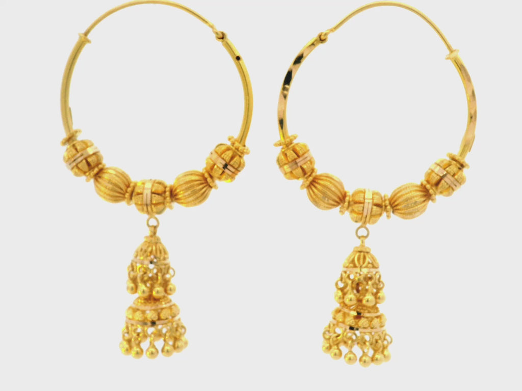 22K Yellow Gold Hoop Earrings with Hanging Decorative Charm