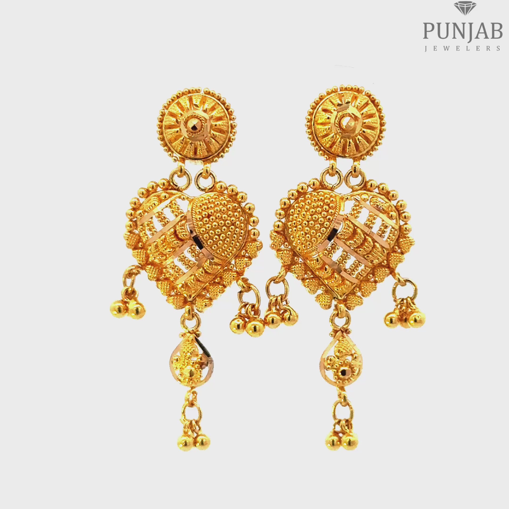 22K Yellow Gold Hanging Earrings with Heart Motif and Dangling Charms