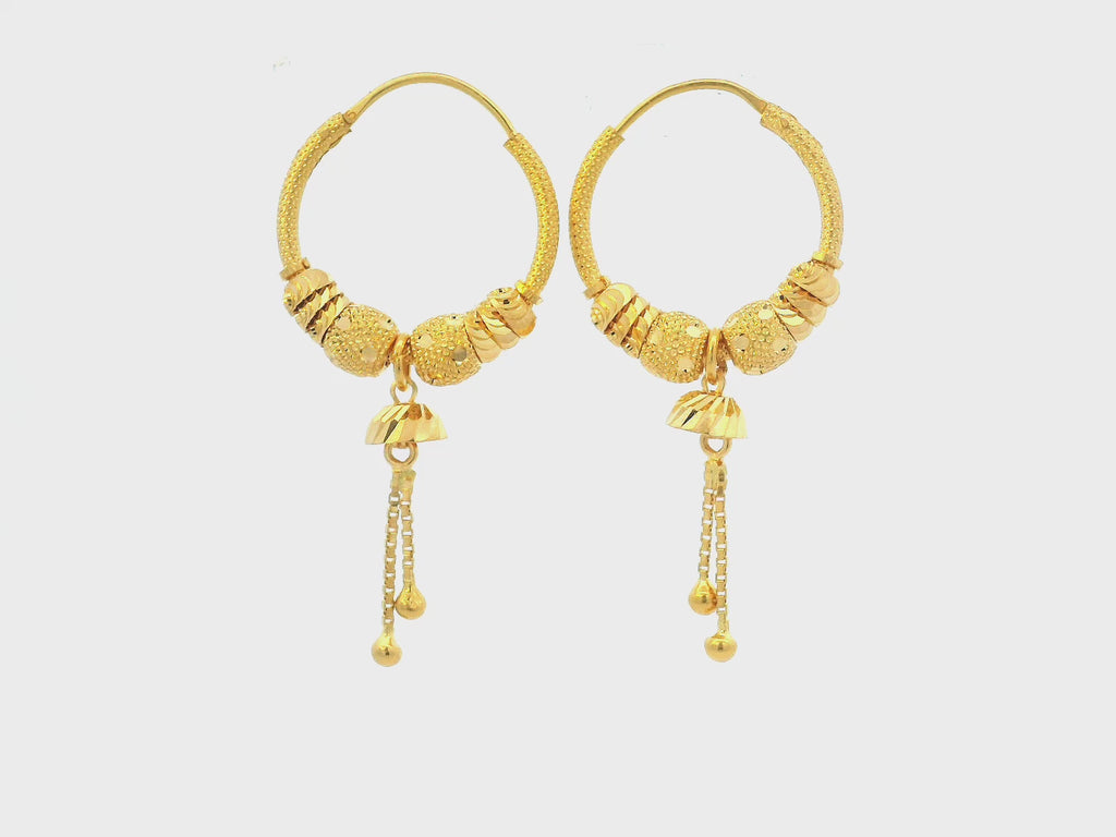22K Yellow Gold Bali Hoop Earrings with Hanging Charms