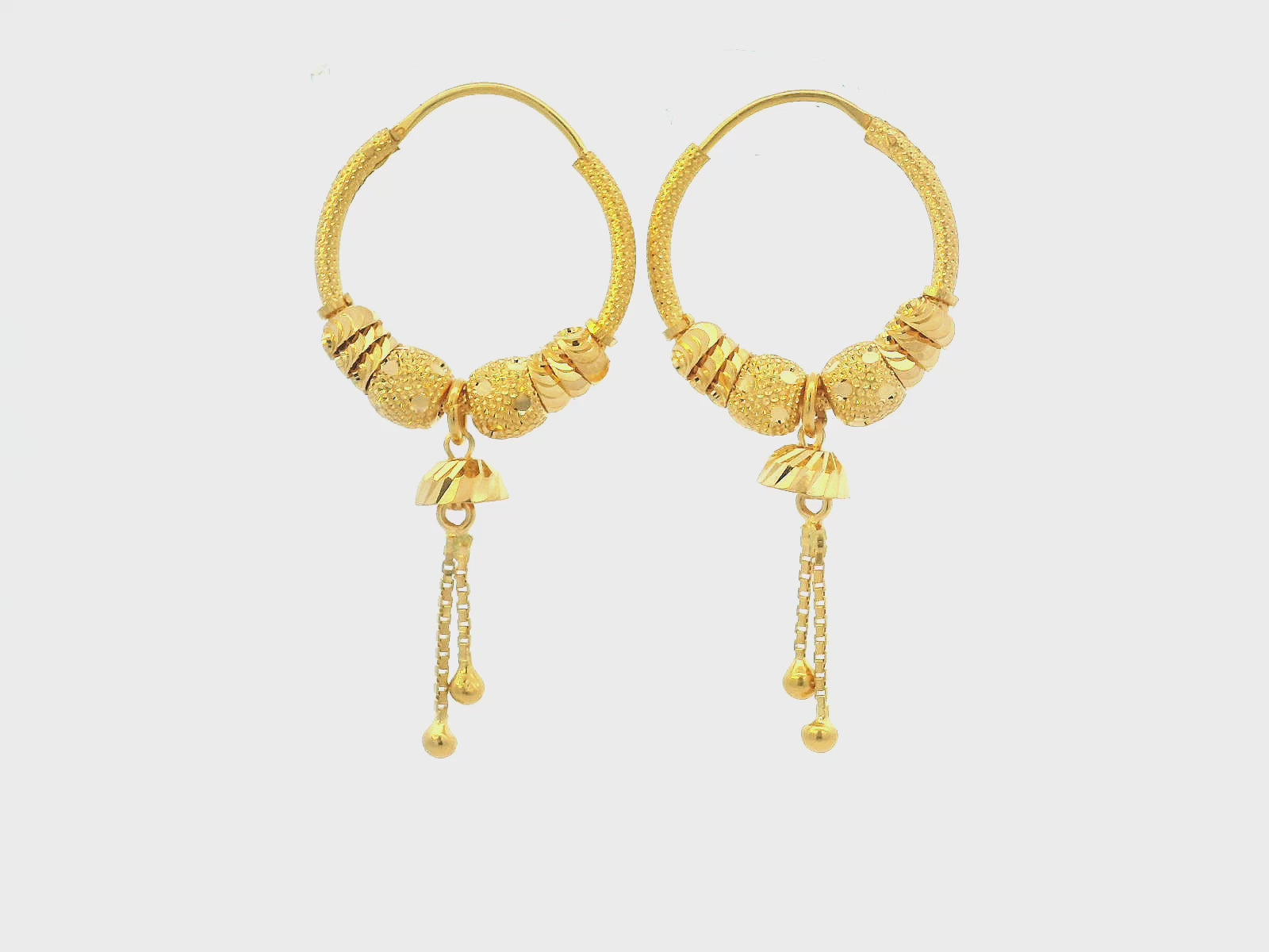 22K Yellow Gold Bali Hoop Earrings with Hanging Charms