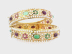 22K Yellow Gold Screw Bangle Set with Pearls, Rubies, and Emeralds (2 Pcs)