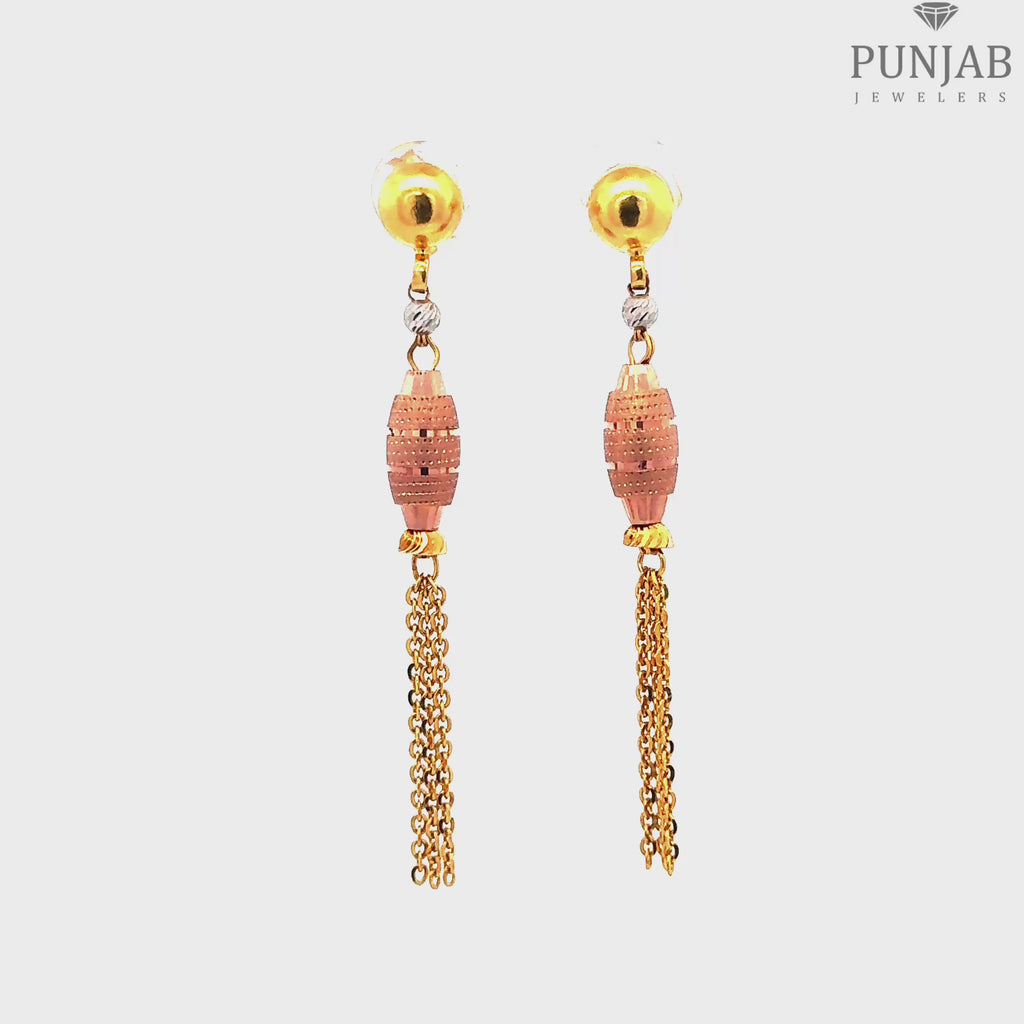22K Multi-Tone Gold Hanging Earrings with Chain Tassel