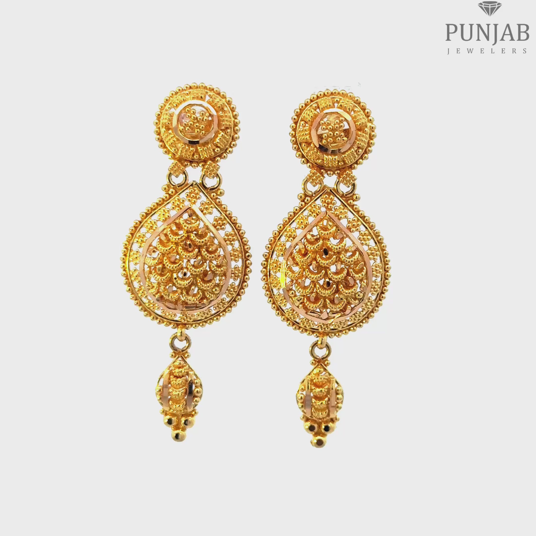 22K Yellow Gold Teardrop Hanging Earrings with Filigree Detailing and Charm