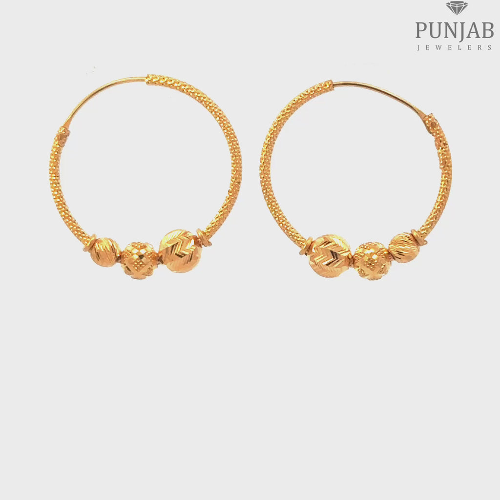 22K Yellow Gold Hoop Earrings with Bead Accents