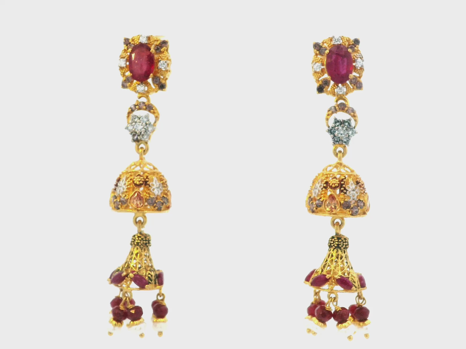 22K Yellow Gold Ruby, Cubic Zirconia, and Pearl Hanging Earrings