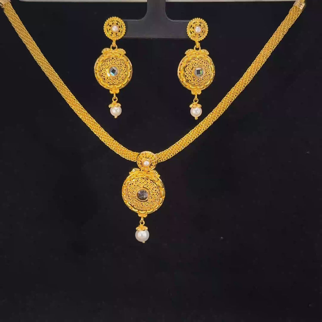 22K Yellow Gold Pearl & Gemstone Necklace Set | Elegant Dual-Stone Design