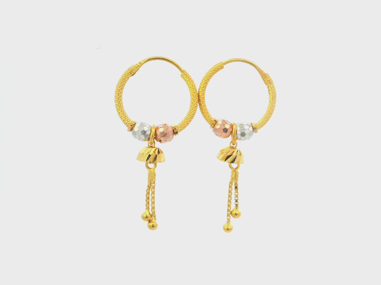 22K Gold Multi-Tone Bali Hoop Earrings with Hanging Charms