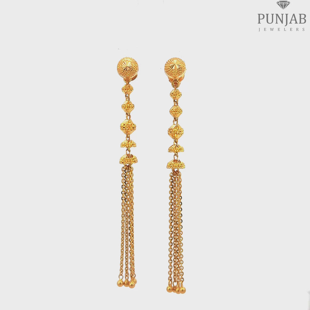 22K Yellow Gold Hanging Earrings with Detailed Beads and Chain Tassels