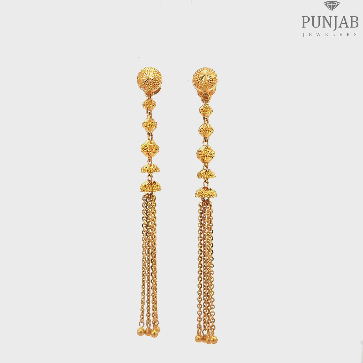 22K Yellow Gold Hanging Earrings with Detailed Beads and Chain Tassels