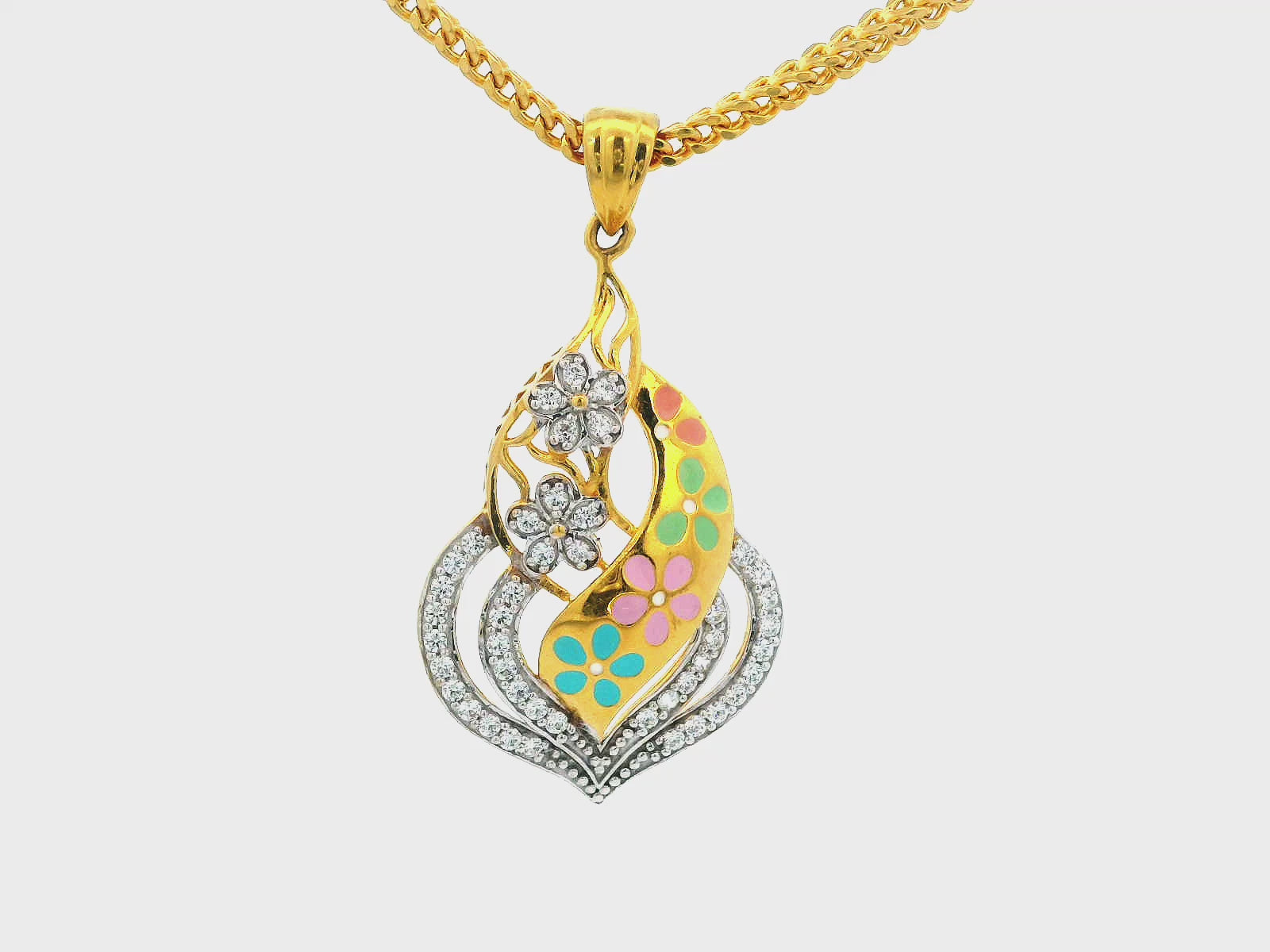 22K Yellow Gold Floral Pendant with Cubic Zirconia and Vibrant Enamel Accents