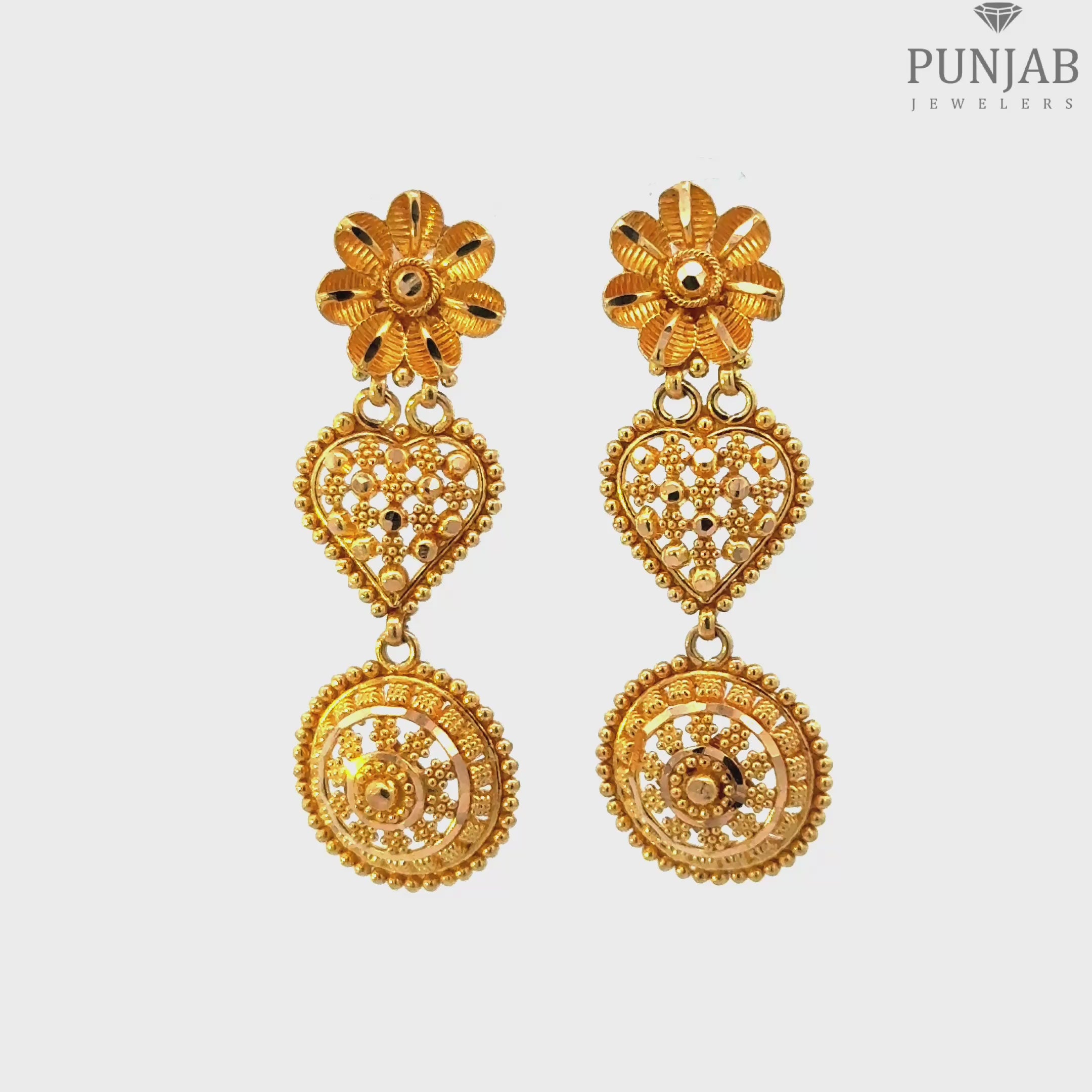 22K Yellow Gold Hanging Earrings with Floral and Heart Motifs