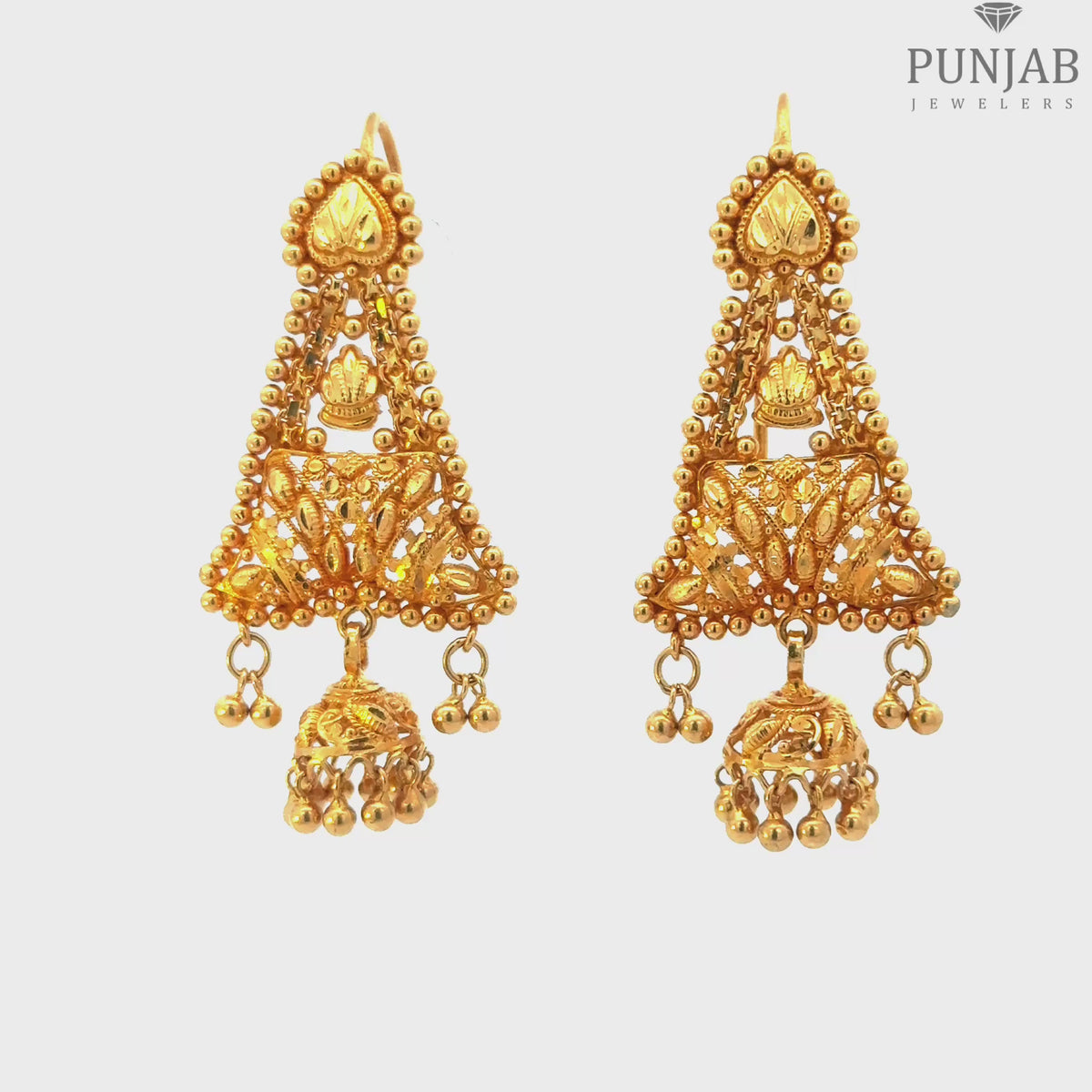 22K Yellow Gold Hanging Earrings with Intricate Filigree Design and Bead Charms