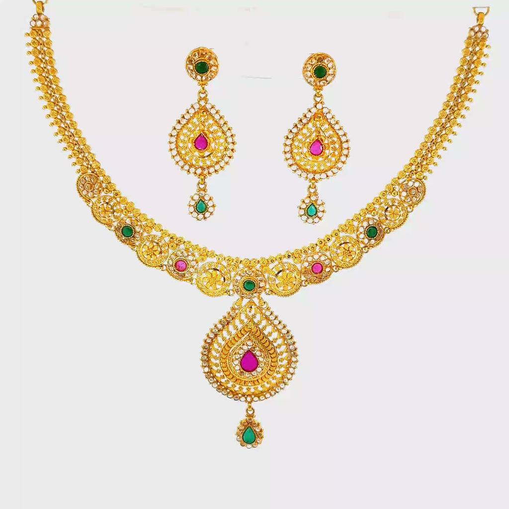 22K Layered Yellow Gold Pear-Shaped Ruby Cabochon Necklace
