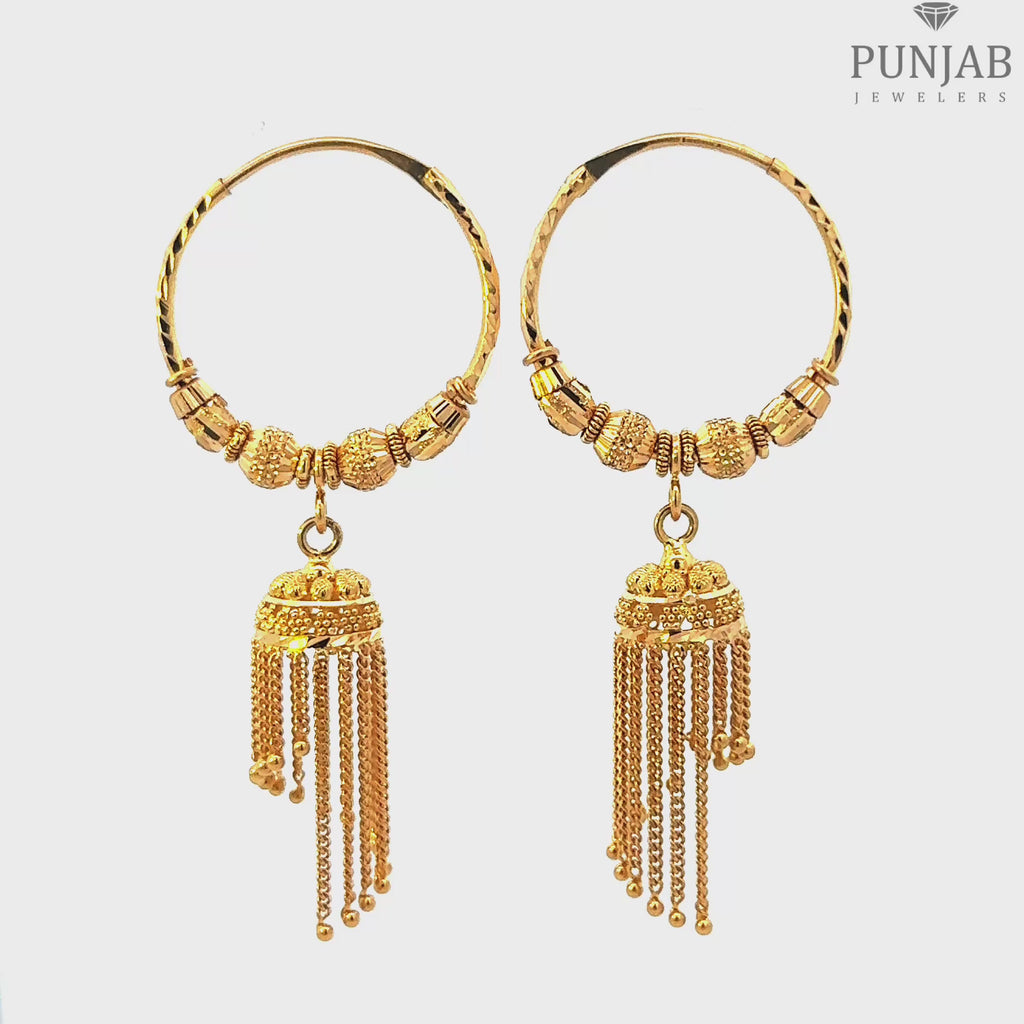 22K Yellow Gold Hoop Earrings with Tassel Charms