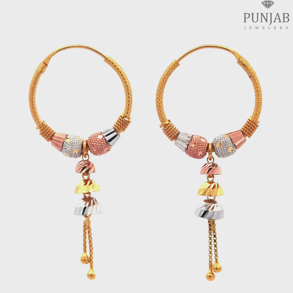 Elegant 22K Tri-Color Gold Hoop Earrings with Hanging Charms
