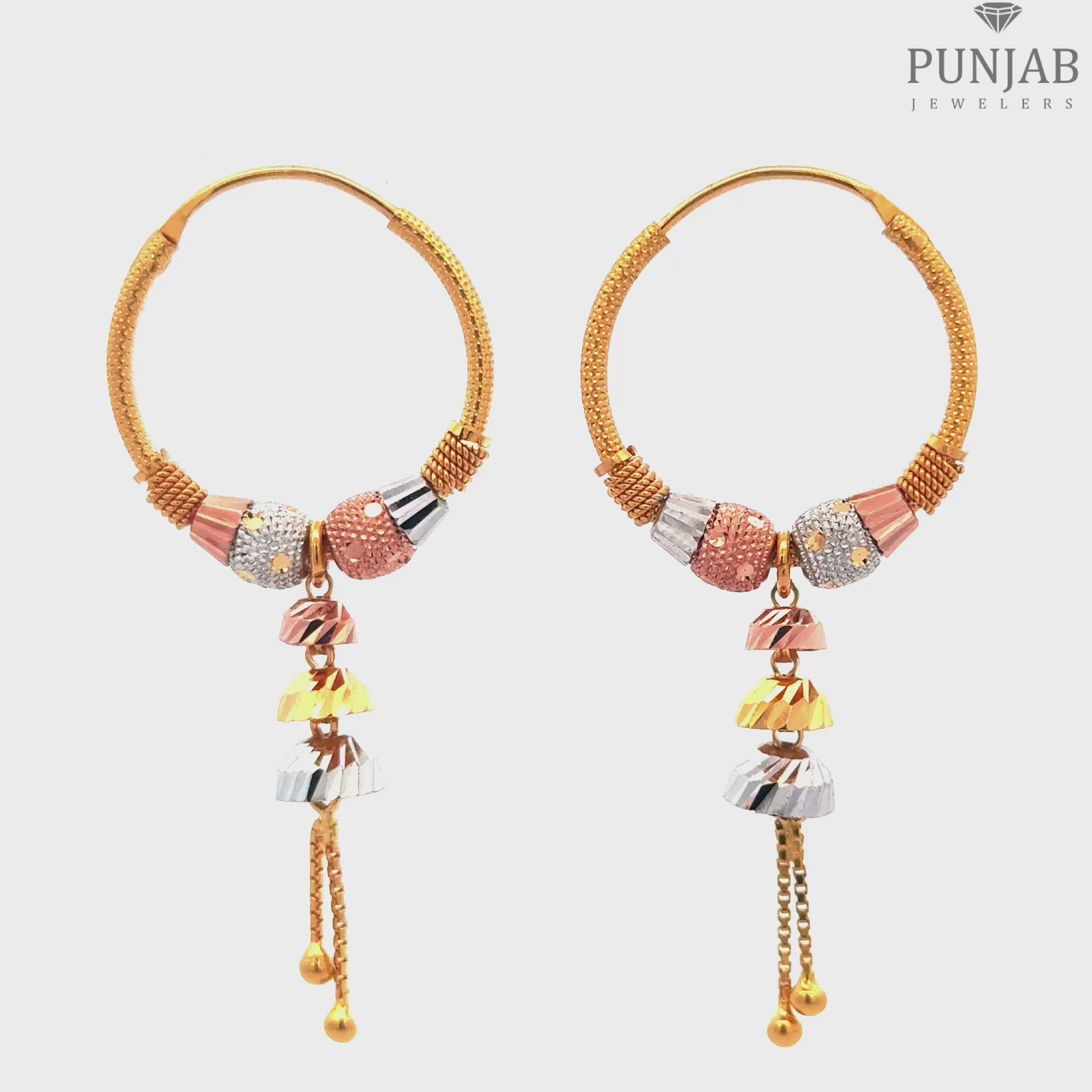 Elegant 22K Tri-Color Gold Hoop Earrings with Hanging Charms