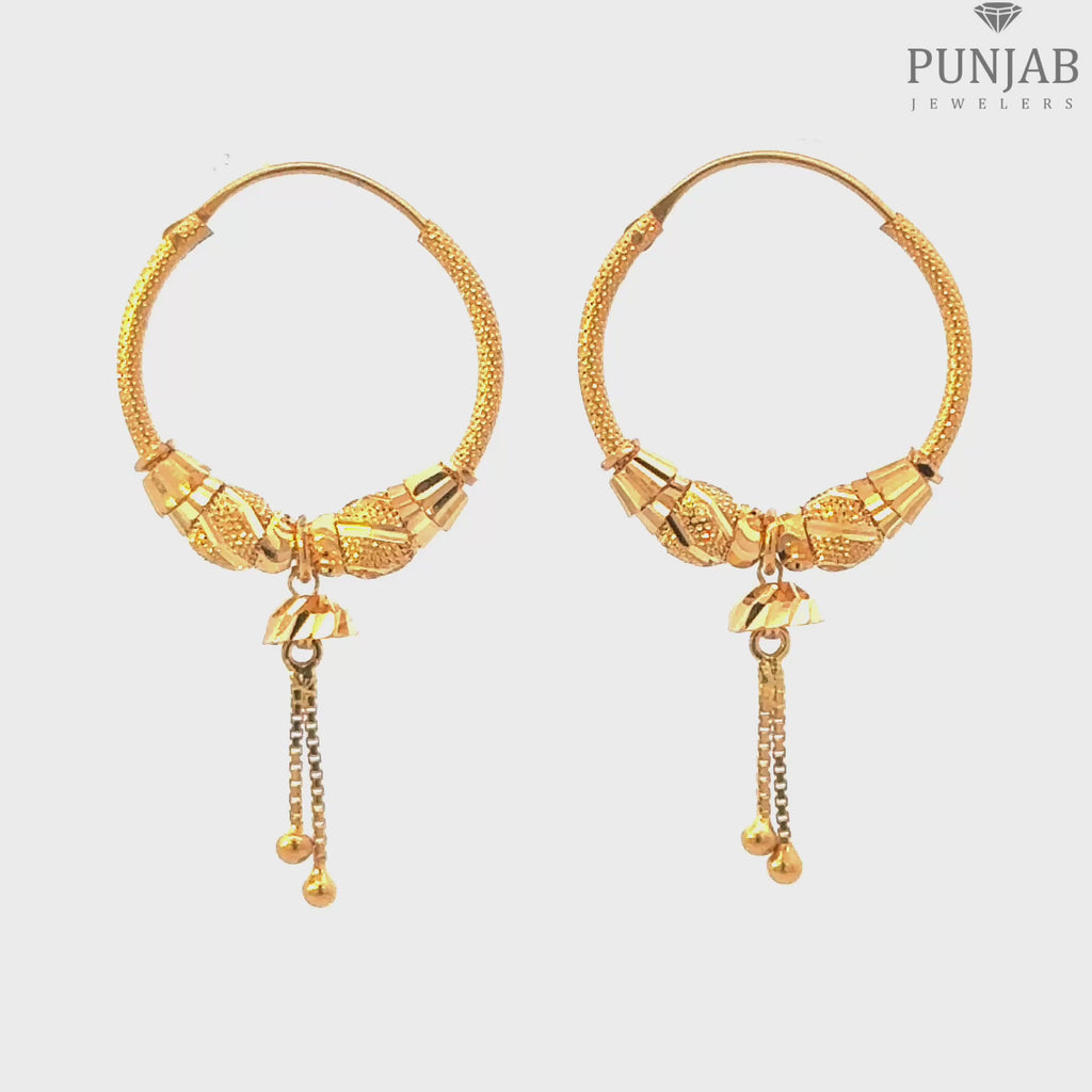 22K Yellow Gold Hoop Earrings with Hanging Chain Charm