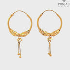 22K Yellow Gold Hoop Earrings with Hanging Chain Charm
