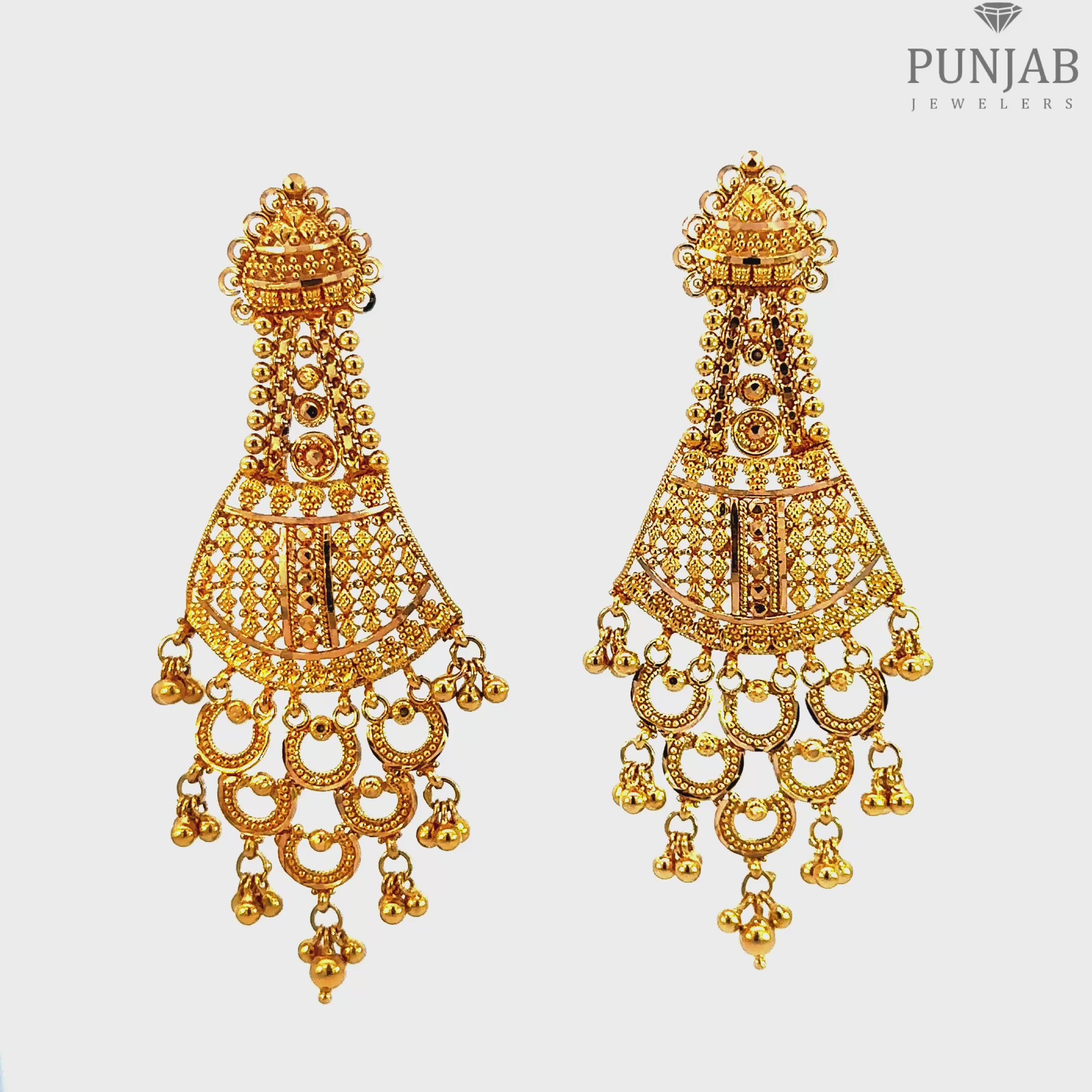22K Yellow Gold Hanging Earrings with Intricate Bead and Loop Detailing
