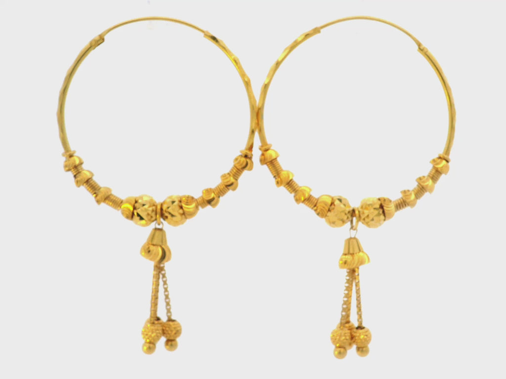 22K Yellow Gold Hoop Earrings with Hanging Chain Elements