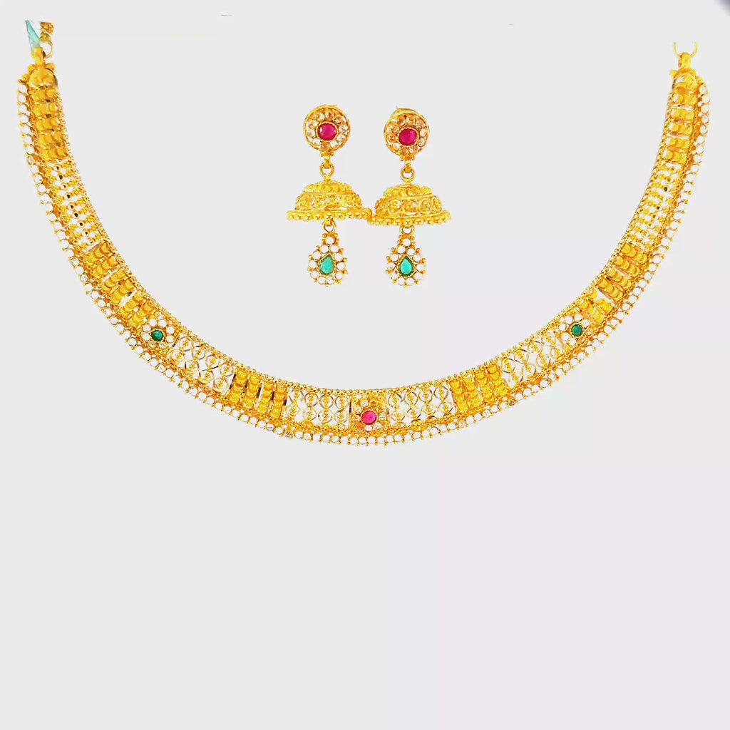 22K Elegant Yellow Gold Choker Necklace with Round Cabochon Red Rubies