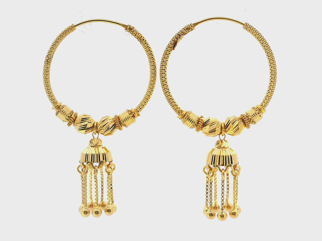 22K Yellow Gold Hoop Earrings with Hanging Chain Charm