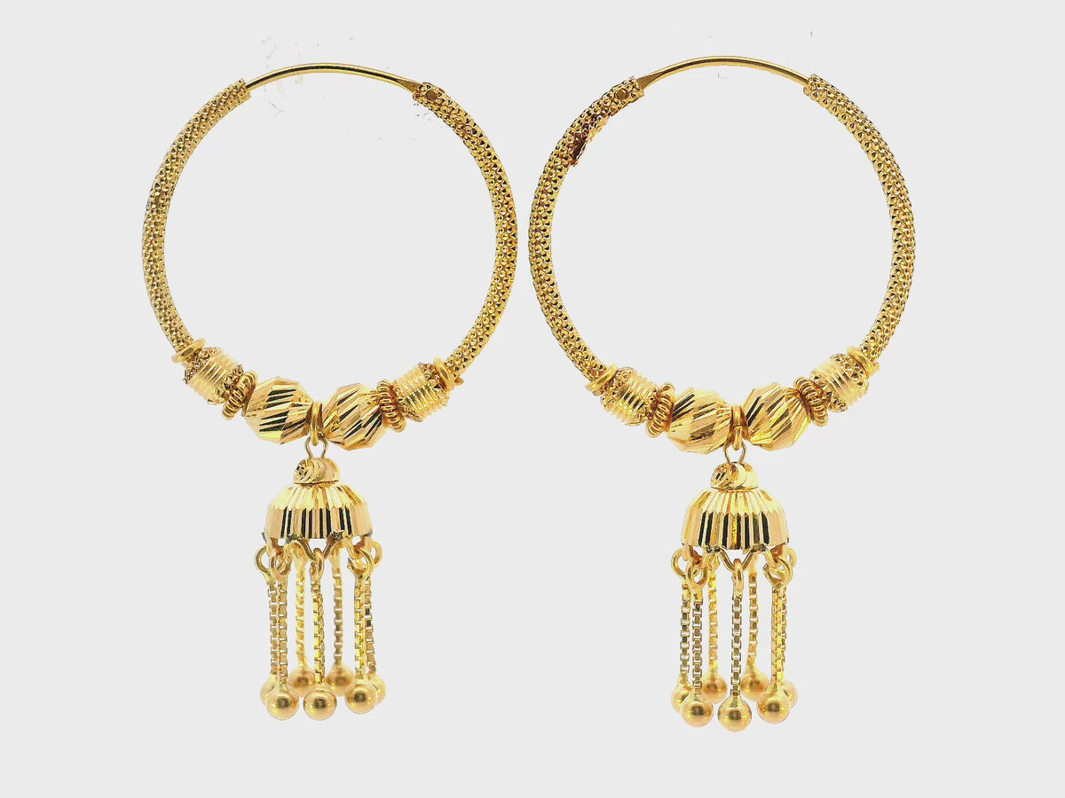 22K Yellow Gold Hoop Earrings with Hanging Chain Charm