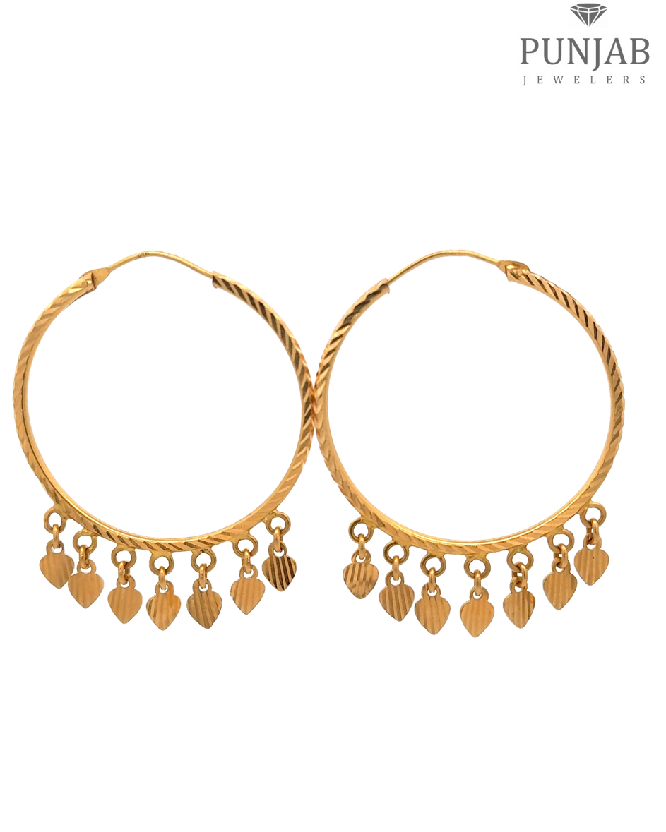 22K Yellow Gold Hoop Earrings with Heart-Shaped Hanging Charms