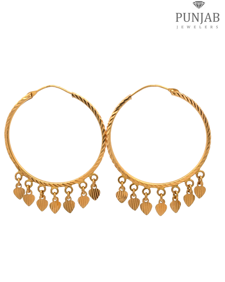 22K Yellow Gold Hoop Earrings with Heart-Shaped Hanging Charms